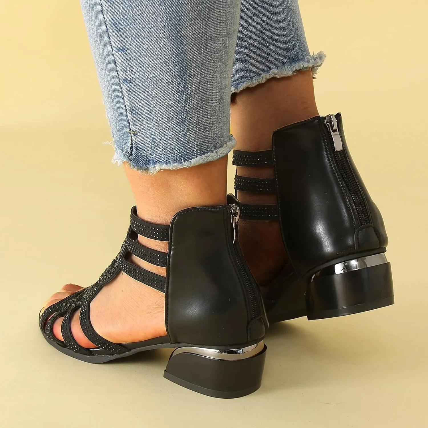 Chunky Heeled Sandals for Women 2024 Women Shoes Thick Heel Strap Diamond Fashion Sandals Outdoor Fashion Casual Shiny