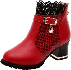 Chunky Heels Boots Lace Trim Trendy Ankle Booties High Heel Sweet Lace Back Zipper Shoes Vintage Bootie for Women