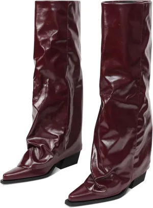 Chunky Knee High Fold Over Boots for Women with Zipper Pointed Toe