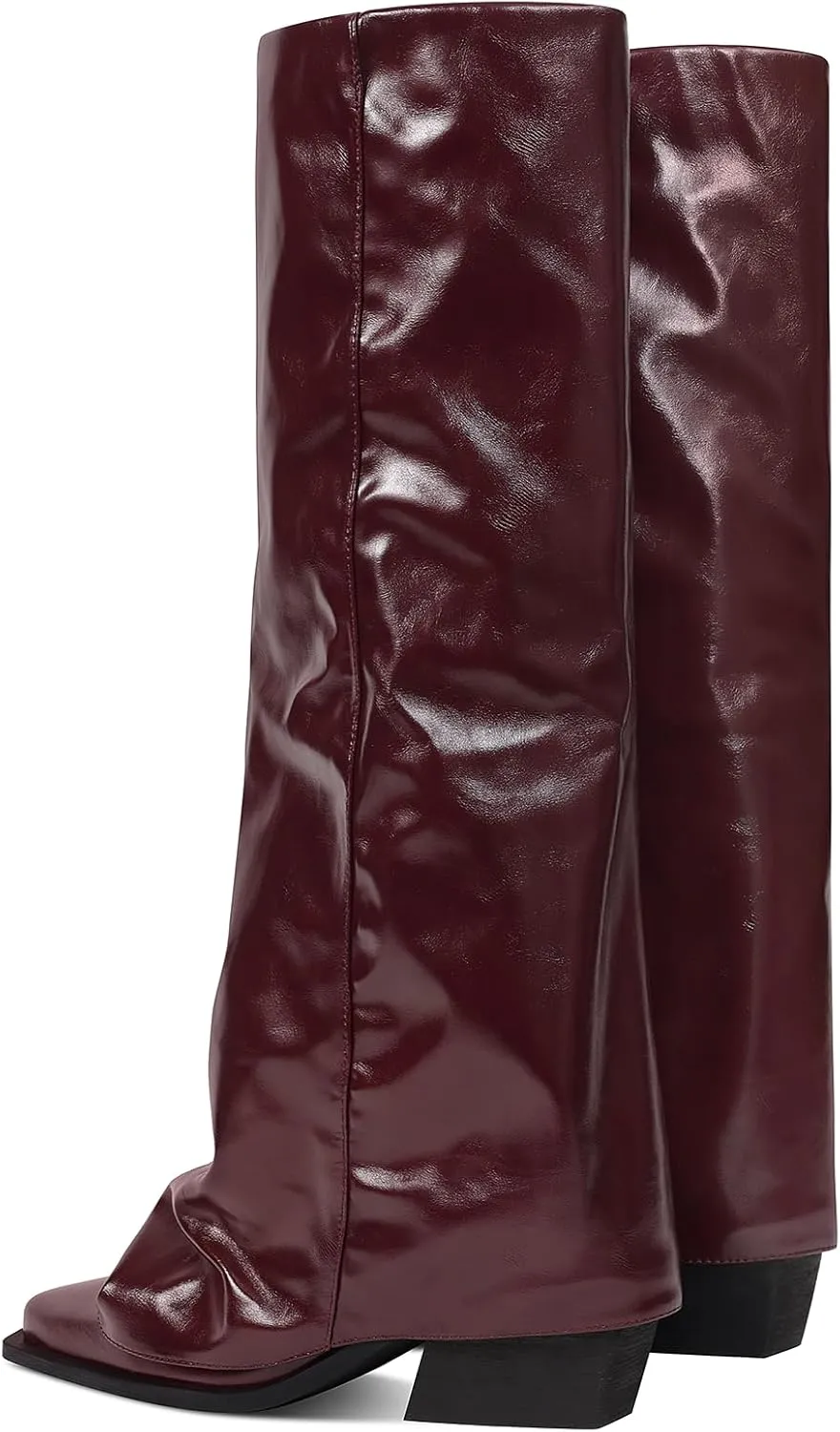 Chunky Knee High Fold Over Boots for Women with Zipper Pointed Toe