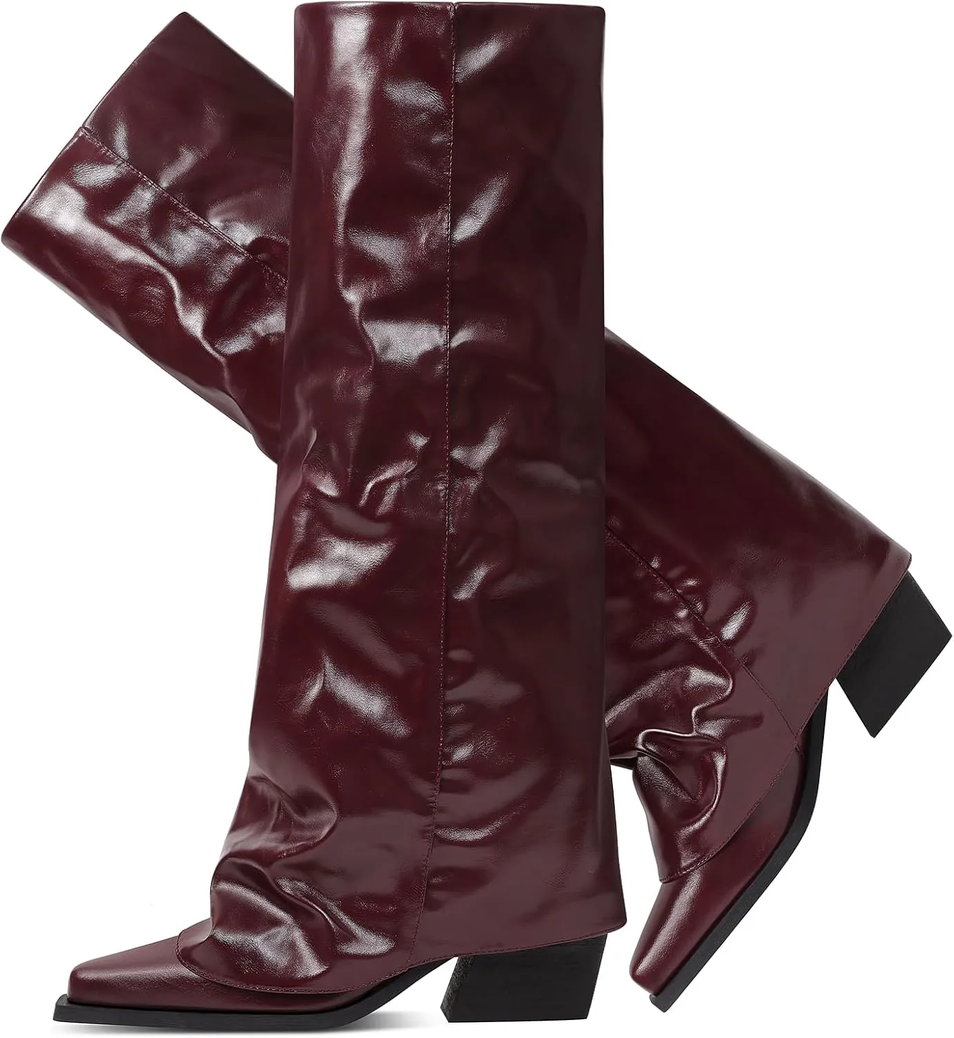 Chunky Knee High Fold Over Boots for Women with Zipper Pointed Toe