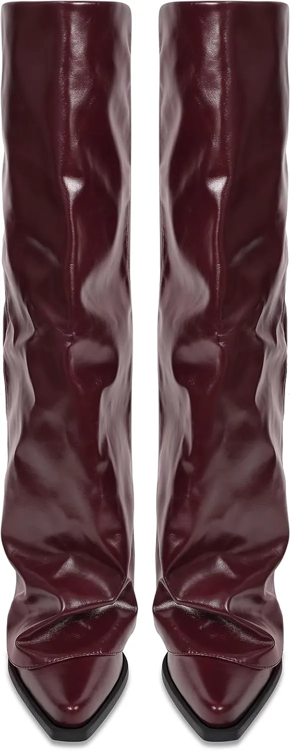 Chunky Knee High Fold Over Boots for Women with Zipper Pointed Toe