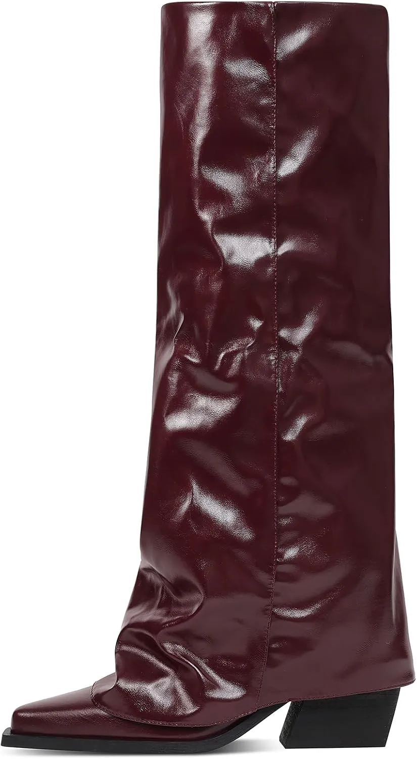 Chunky Knee High Fold Over Boots for Women with Zipper Pointed Toe