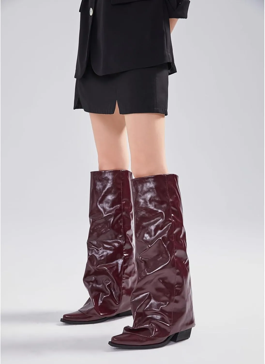 Chunky Knee High Fold Over Boots for Women with Zipper Pointed Toe