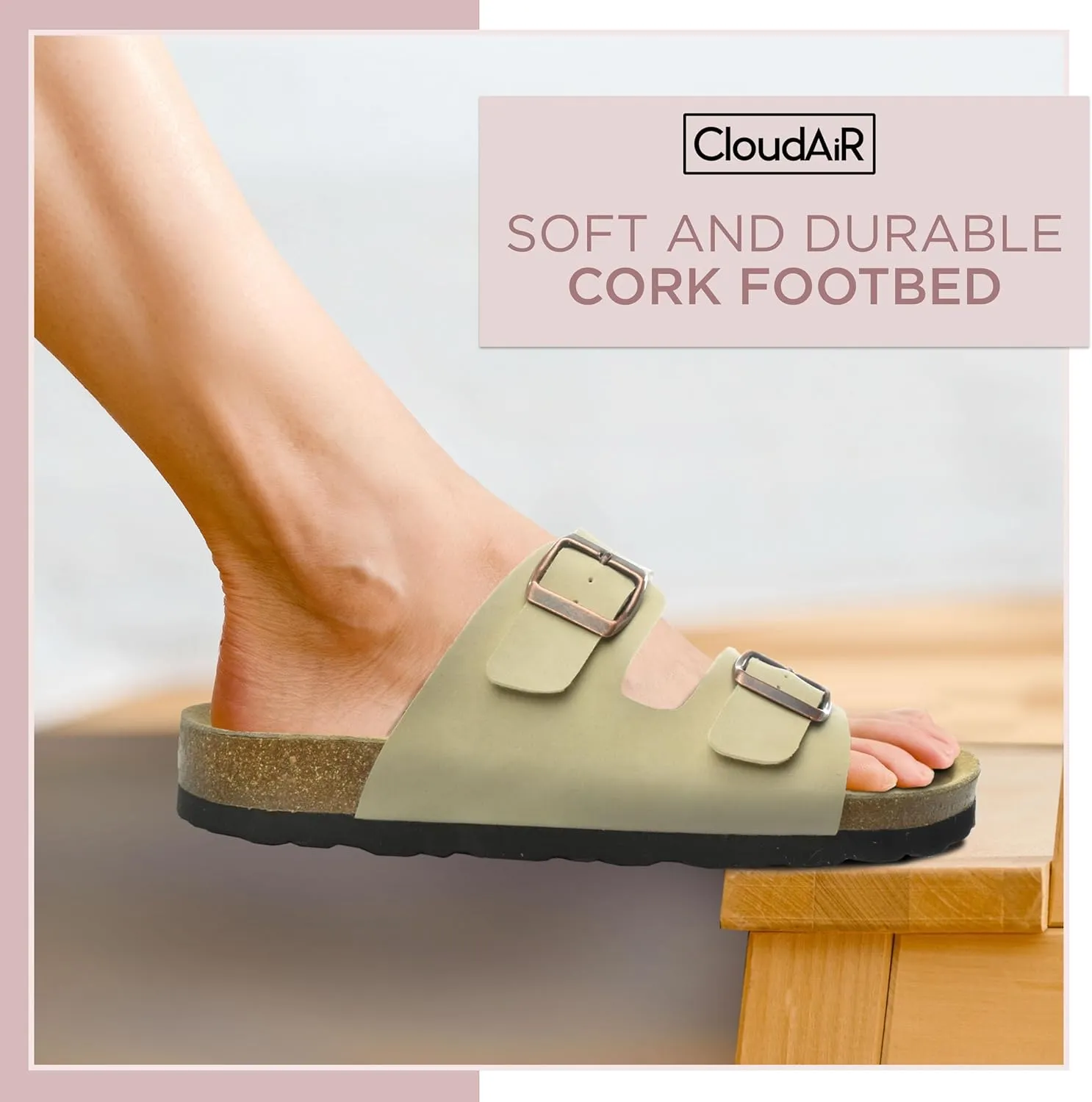 CLOUDAIR Joyce Sandals, Women’s Arch Support Slides, Suede Vegan Leather, Two Adjustable Buckle Straps, Cork Footbed