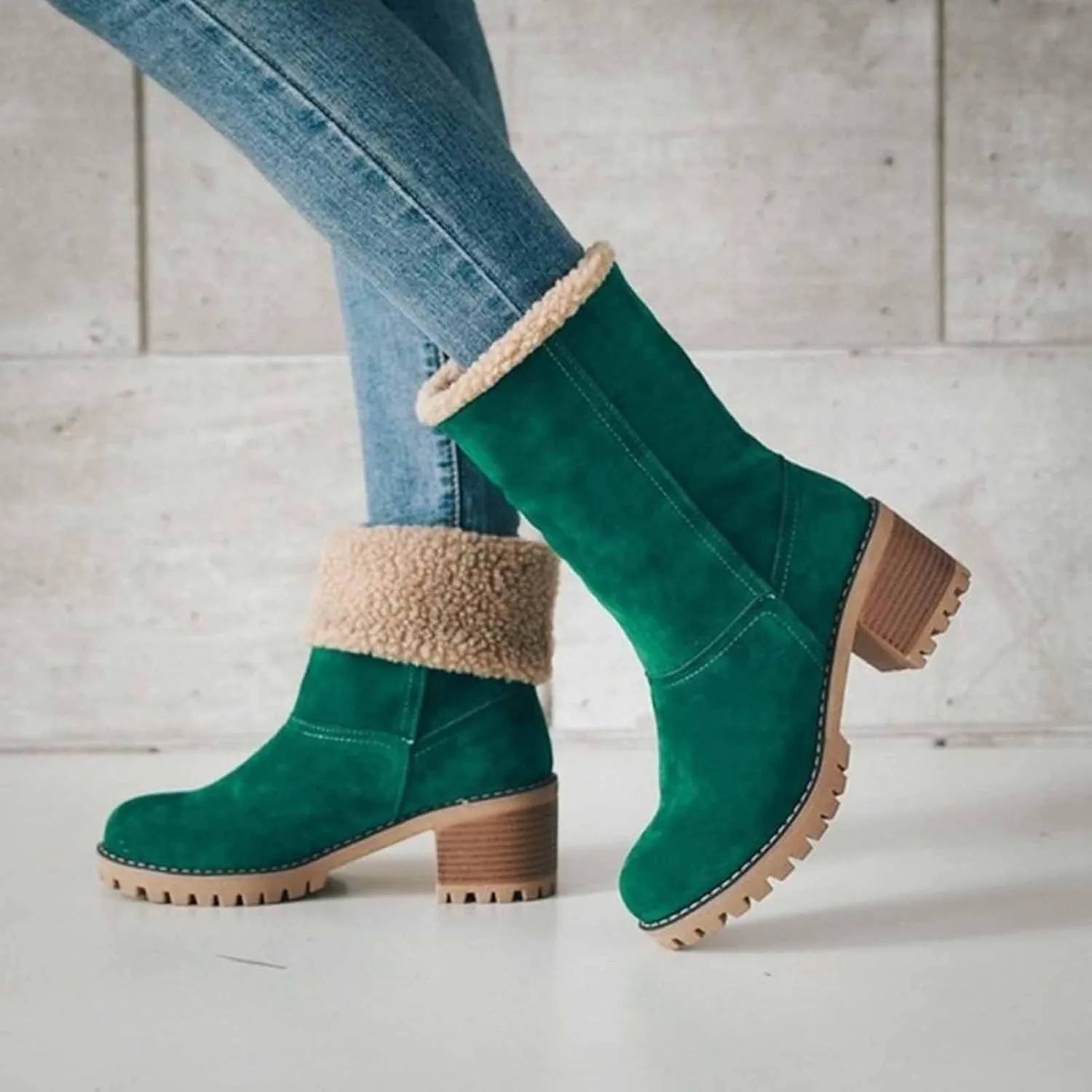 CLOUDEMO Winter Boots for Women, Women's Chunky Heel Round Toe Snow Boots, Seniors' Chunky Heel Winter Boots, Comfortable Mid Chunky Heel Suede Warm Fur Lined Boots