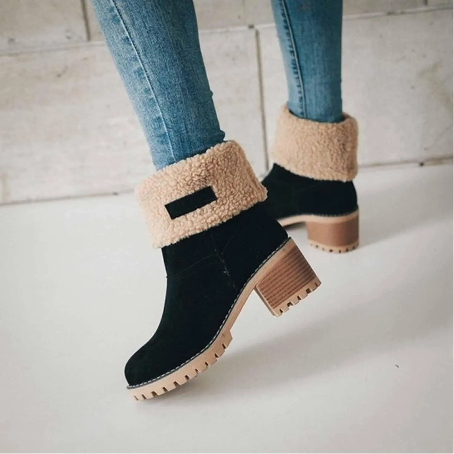 CLOUDEMO Winter Boots for Women, Women's Chunky Heel Round Toe Snow Boots, Seniors' Chunky Heel Winter Boots, Comfortable Mid Chunky Heel Suede Warm Fur Lined Boots