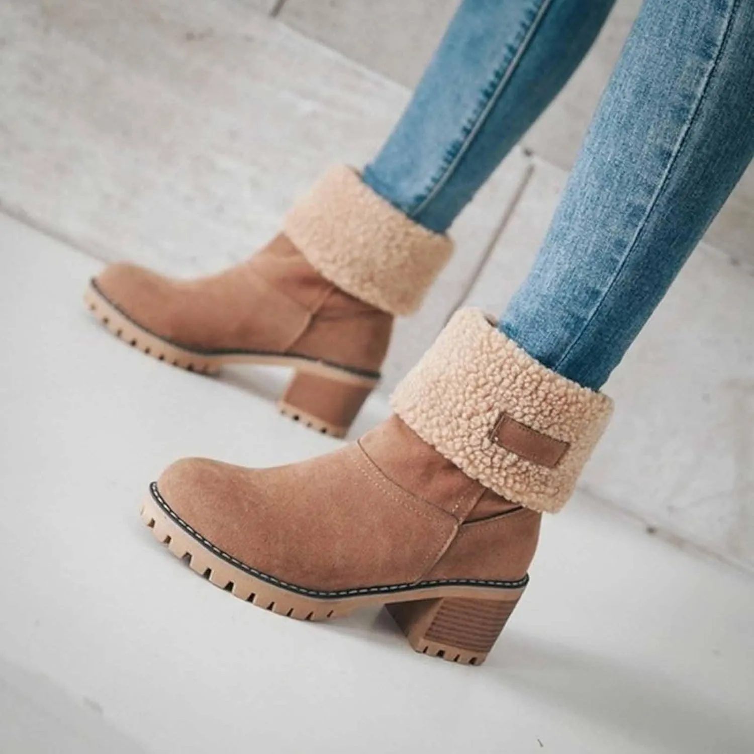 CLOUDEMO Winter Boots for Women, Women's Chunky Heel Round Toe Snow Boots, Seniors' Chunky Heel Winter Boots, Comfortable Mid Chunky Heel Suede Warm Fur Lined Boots