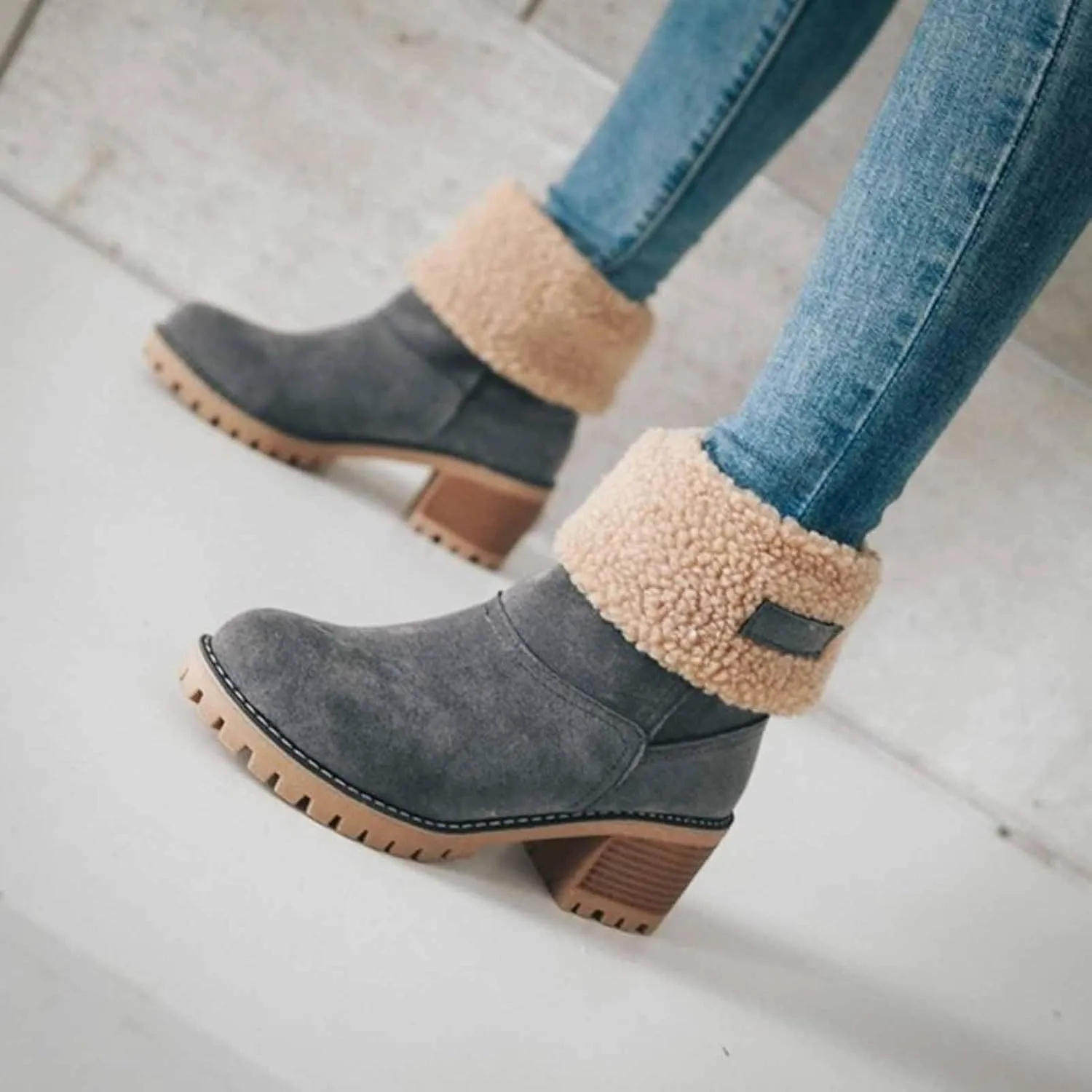 CLOUDEMO Winter Boots for Women, Women's Chunky Heel Round Toe Snow Boots, Seniors' Chunky Heel Winter Boots, Comfortable Mid Chunky Heel Suede Warm Fur Lined Boots