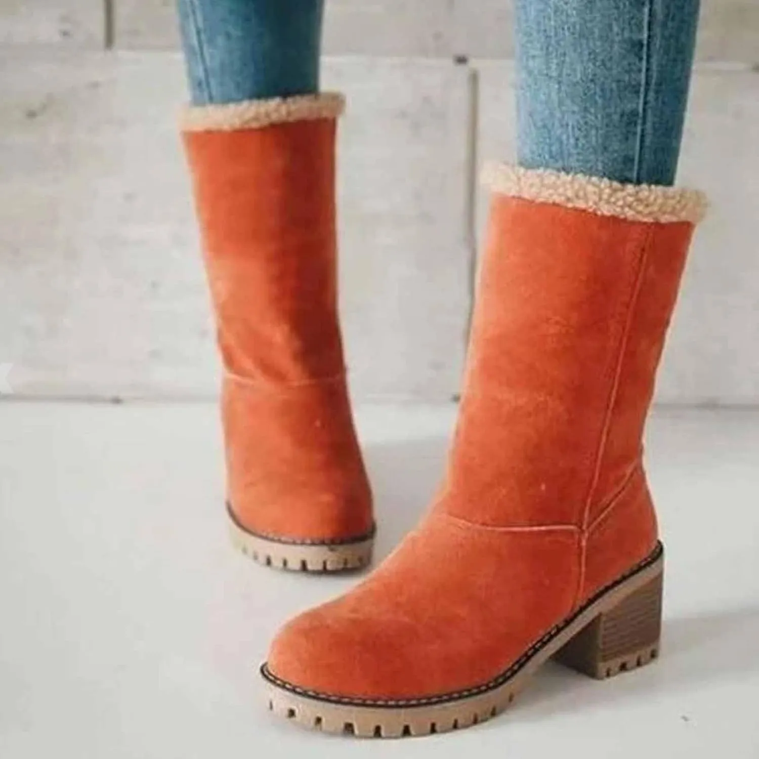 CLOUDEMO Winter Boots for Women, Women's Chunky Heel Round Toe Snow Boots, Seniors' Chunky Heel Winter Boots, Comfortable Mid Chunky Heel Suede Warm Fur Lined Boots