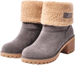 CLOUDEMO Winter Boots for Women, Women's Chunky Heel Round Toe Snow Boots, Seniors' Chunky Heel Winter Boots, Comfortable Mid Chunky Heel Suede Warm Fur Lined Boots