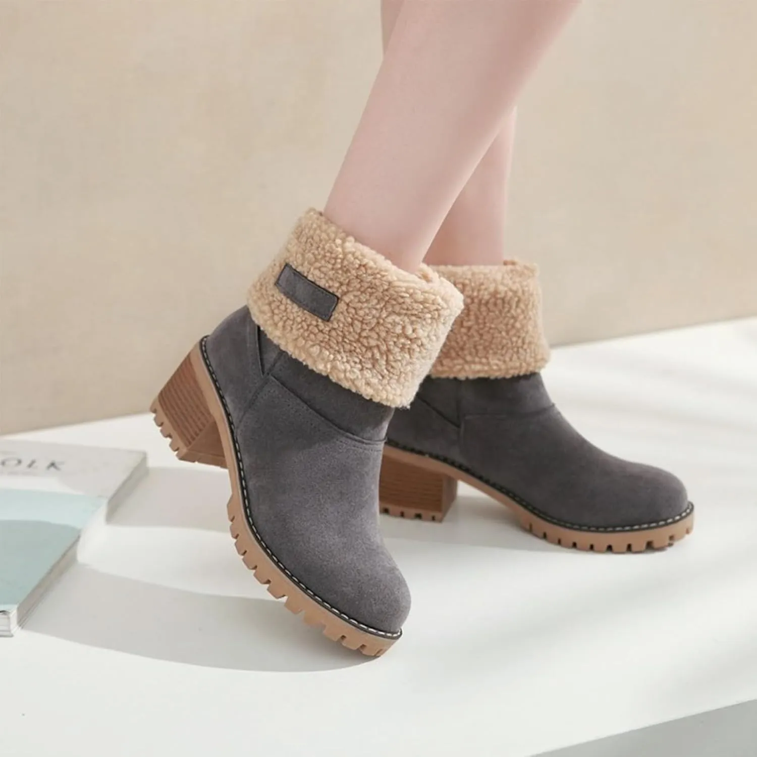 CLOUDEMO Winter Boots for Women, Women's Chunky Heel Round Toe Snow Boots, Seniors' Chunky Heel Winter Boots, Comfortable Mid Chunky Heel Suede Warm Fur Lined Boots