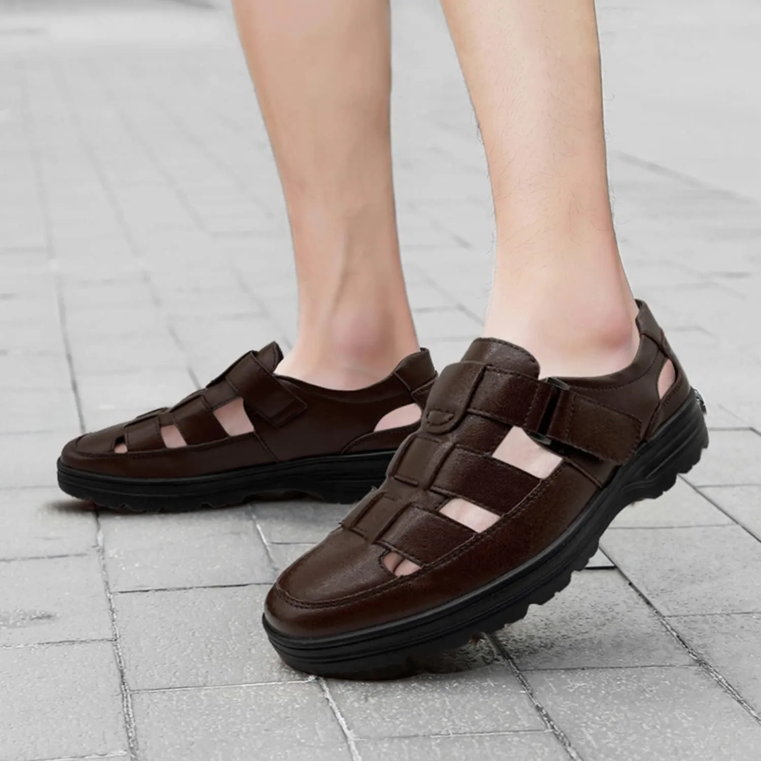 CMM Mens Casual Closed Toe Leather Sandals Outdoor Fisherman Adjustable Summer Shoes