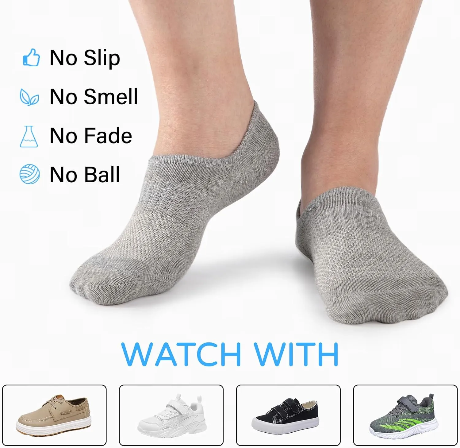 Comfoex 10 Pairs No Show Boys Socks Cotton Mesh Non Slip Low Cut Invisible Athletic Socks For Kids 4-10 Years
