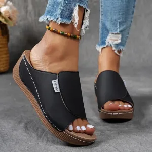 Comfortable Arch Support Slides Platform Wedge Solid Color Breathable Orthotic Leather Sandals Slip on Women Summer Dressy Open Toe Wide Band Walking Casual Shoes