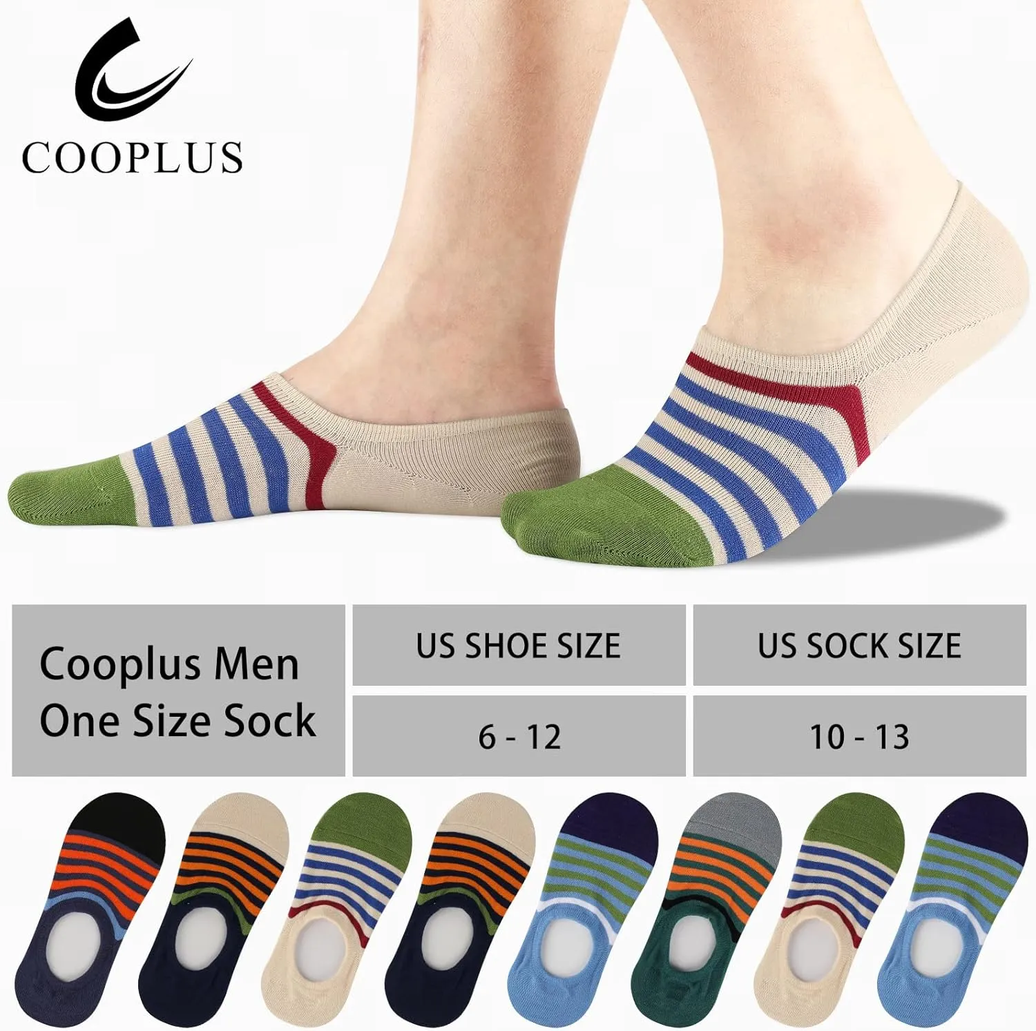 COOPLUS Mens No Show Socks Cotton Low Cut Non Slip Casual Socks Invisible Flat Boat Socks (8 Pairs)