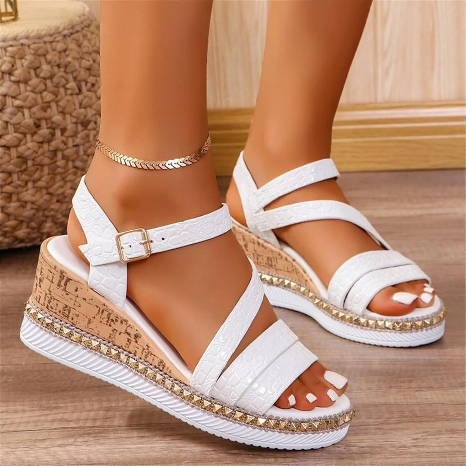 Cork Wedge Sandals For Women 2025 Fish Mouth Open Toe Roman Sandals Summer Slip On Dress Shoes Adjustable Buckle Strappy Slippers