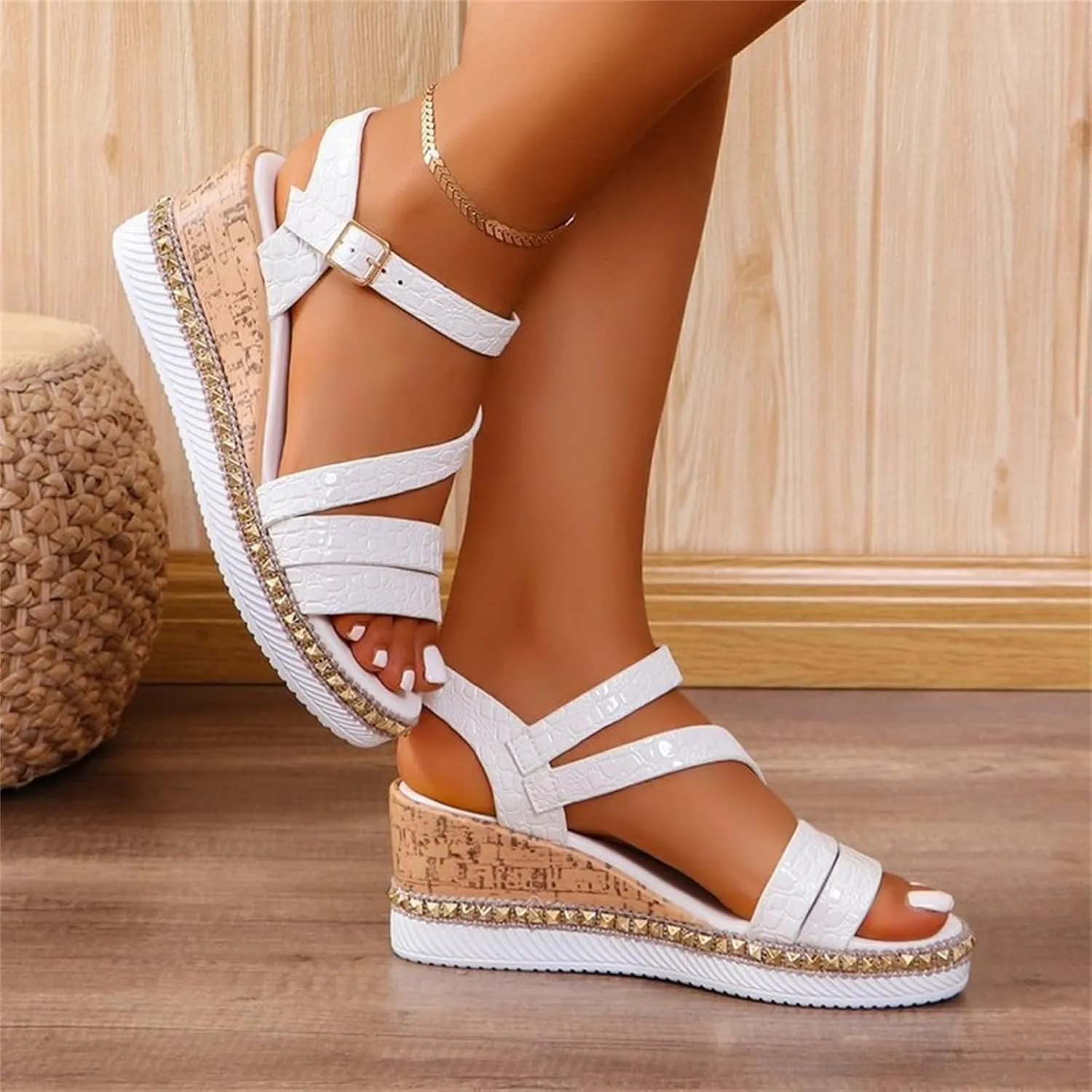Cork Wedge Sandals For Women 2025 Fish Mouth Open Toe Roman Sandals Summer Slip On Dress Shoes Adjustable Buckle Strappy Slippers