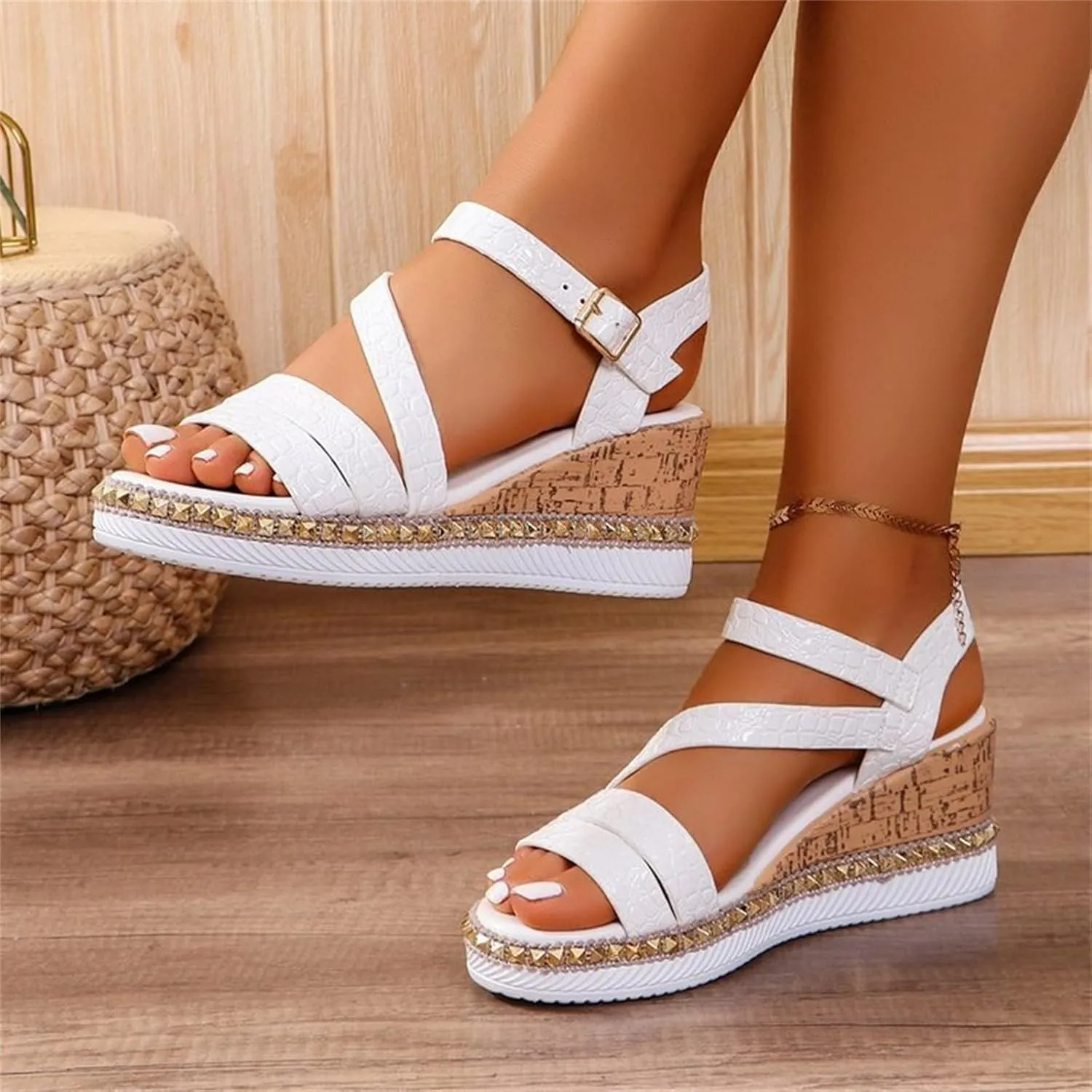 Cork Wedge Sandals For Women 2025 Fish Mouth Open Toe Roman Sandals Summer Slip On Dress Shoes Adjustable Buckle Strappy Slippers