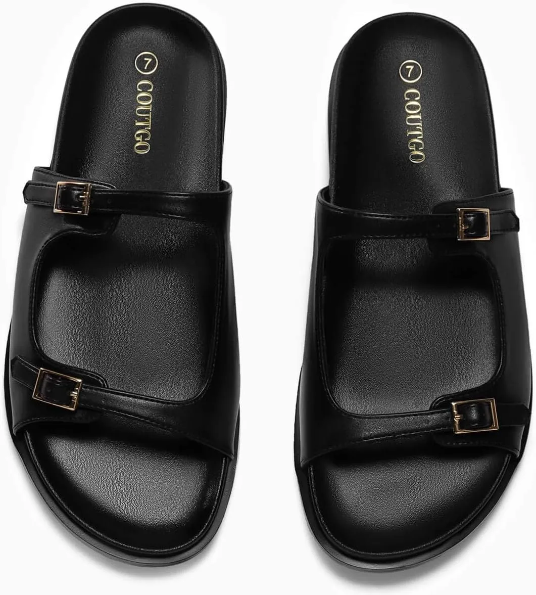 Coutgo Womens Flat Sandals Comfortable Wide Width Slides Double Strap Adjustable Buckle Slip on Shoes