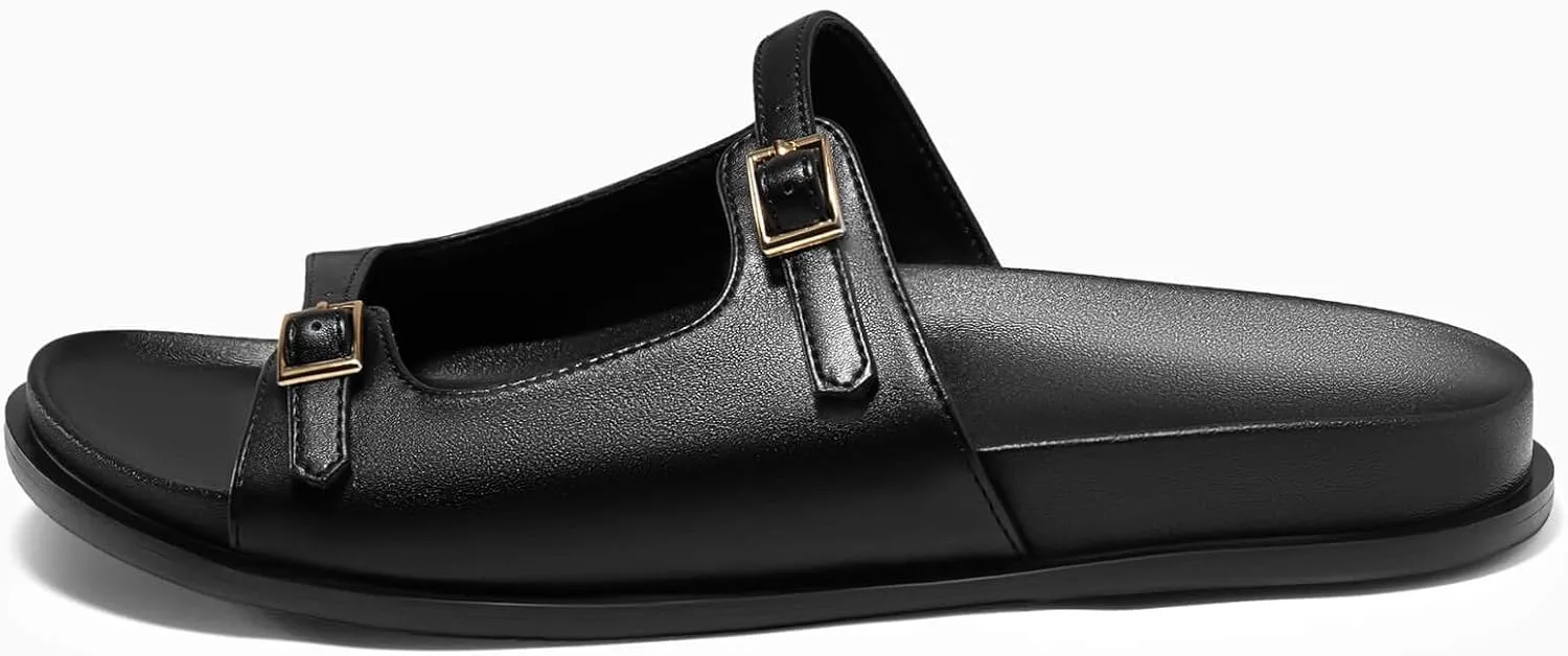 Coutgo Womens Flat Sandals Comfortable Wide Width Slides Double Strap Adjustable Buckle Slip on Shoes