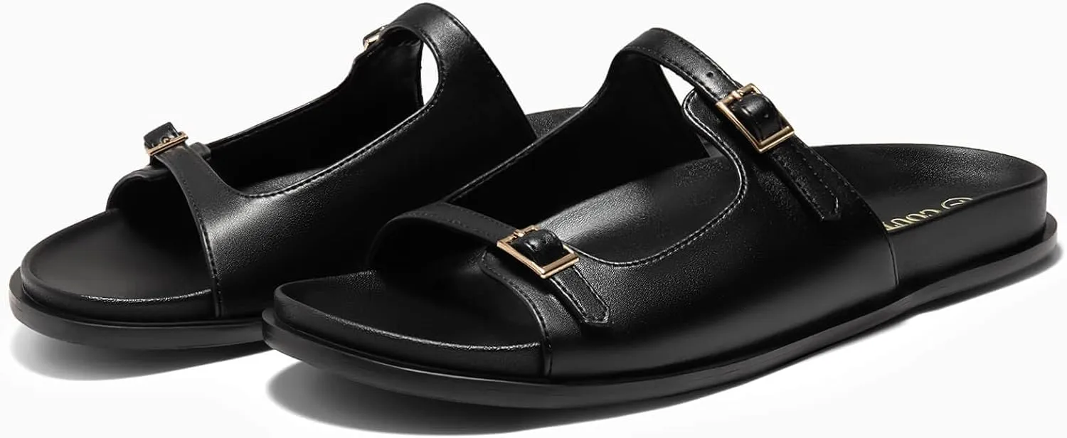 Coutgo Womens Flat Sandals Comfortable Wide Width Slides Double Strap Adjustable Buckle Slip on Shoes