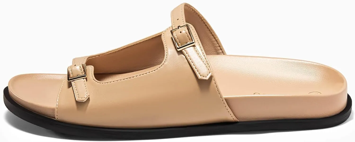 Coutgo Womens Flat Sandals Comfortable Wide Width Slides Double Strap Adjustable Buckle Slip on Shoes