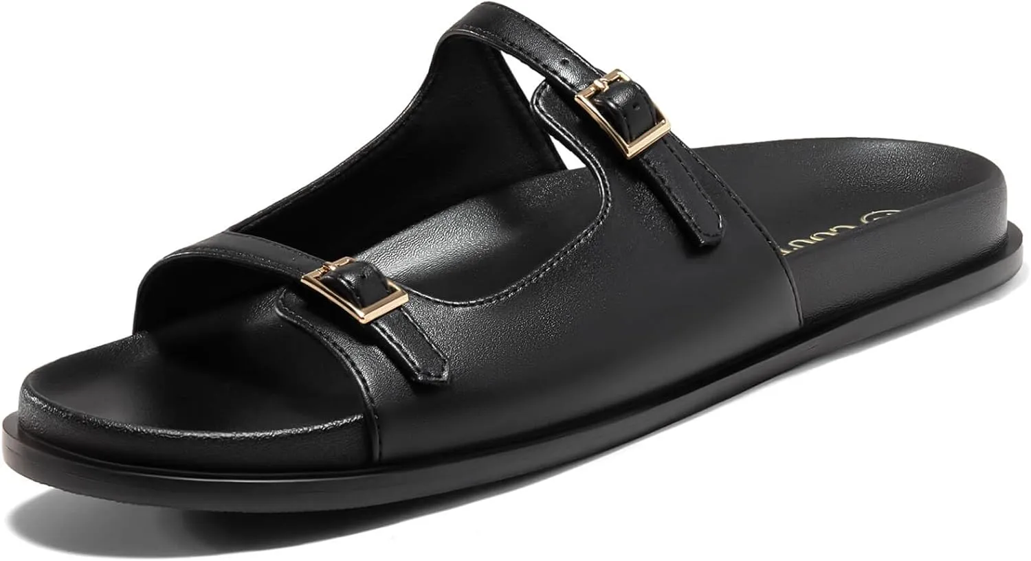 Coutgo Womens Flat Sandals Comfortable Wide Width Slides Double Strap Adjustable Buckle Slip on Shoes