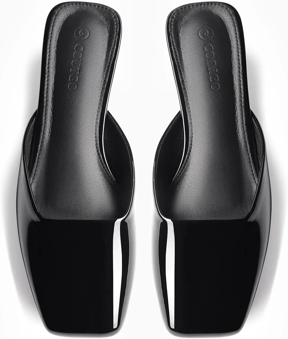 Coutgo Women's Mules Low Kitten Heel Closed Square Toe Slip On Backless Dress Shoes,Size Fits Large