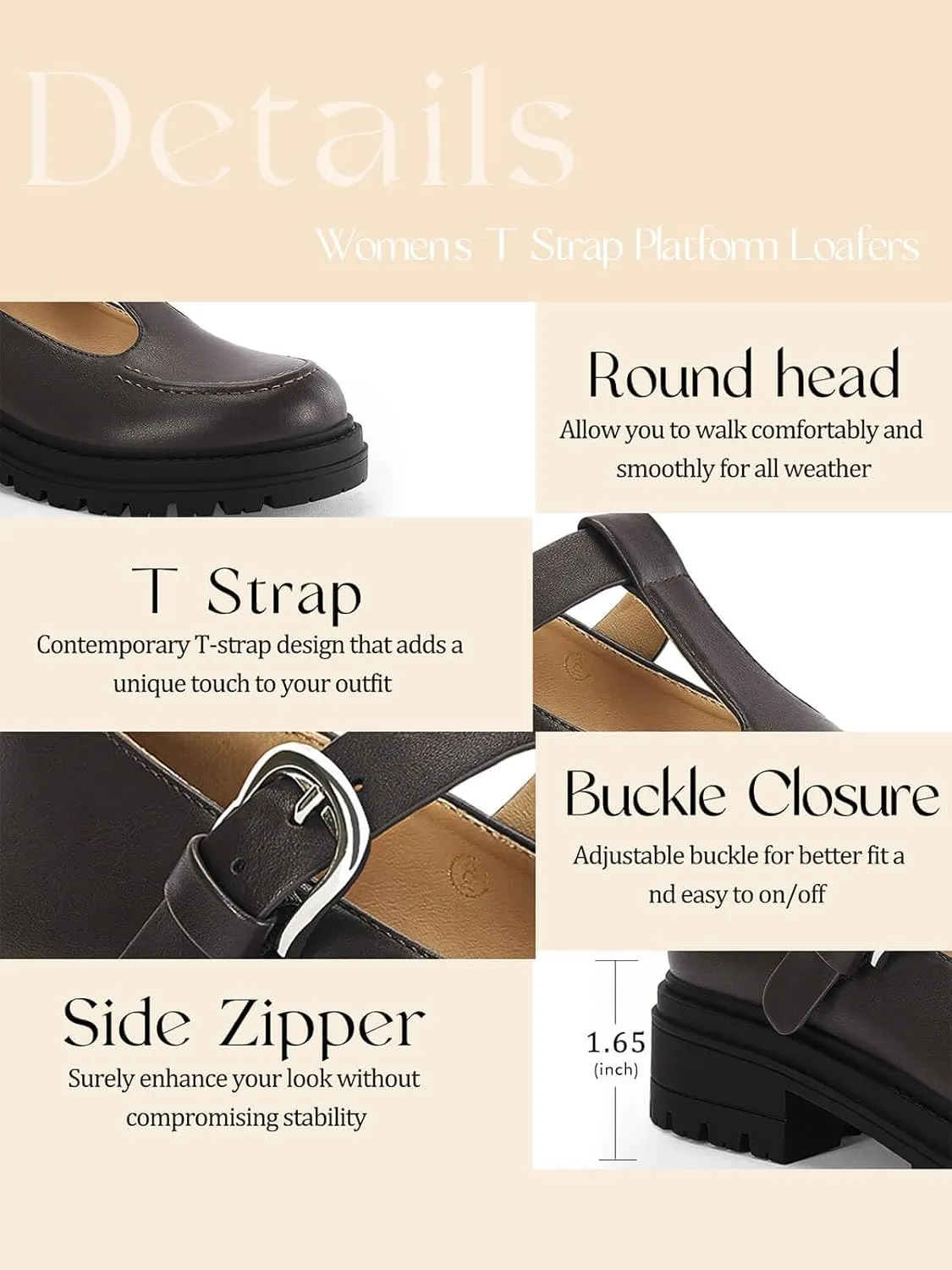 Coutgo Women's Platform Loafers T Strap Chunky Low Heel Buckle Strap Mary Jane Comfortable Casual Office Shoes