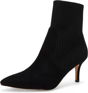 Coutgo Women's Pointed Toe Ankle Boots Stiletto Kitten Heel Knit Faux Suede Winter Sock Booties