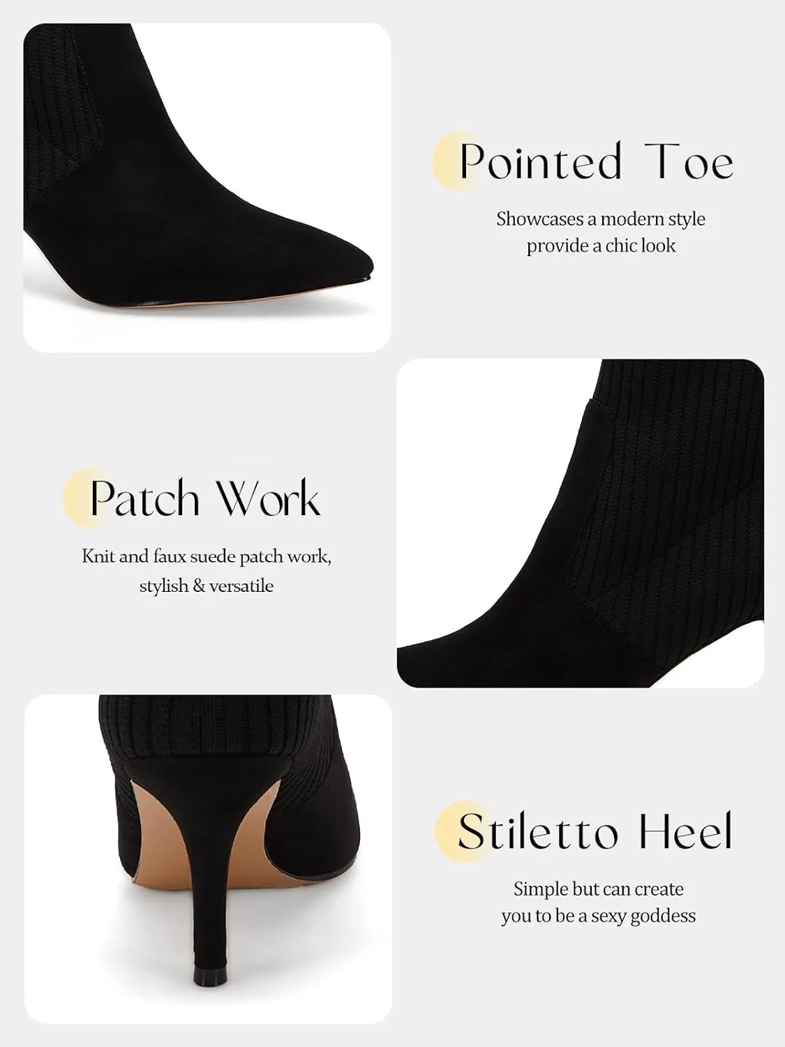 Coutgo Women's Pointed Toe Ankle Boots Stiletto Kitten Heel Knit Faux Suede Winter Sock Booties