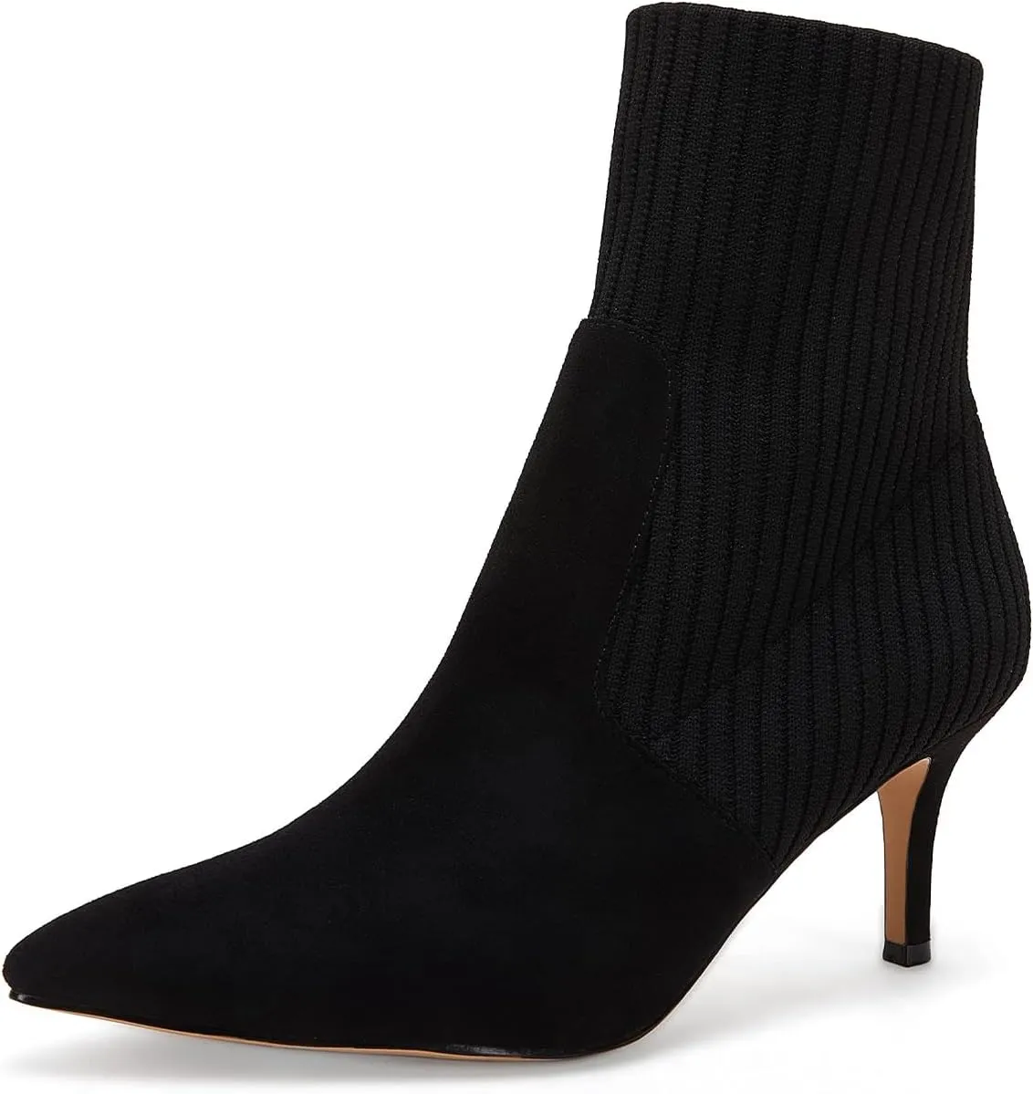 Coutgo Women's Pointed Toe Ankle Boots Stiletto Kitten Heel Knit Faux Suede Winter Sock Booties
