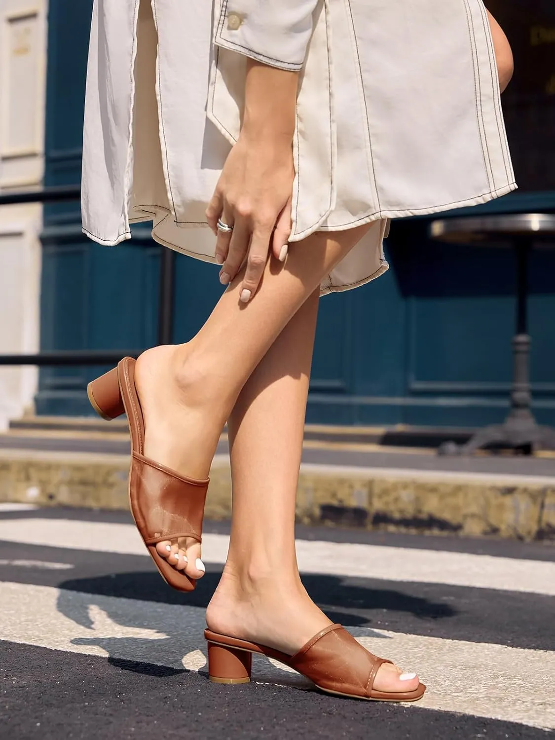 Coutgo Womens Slide Sandals Mesh Chunky Heels Mules Square Open Toe Slip On Summer Dress Shoes