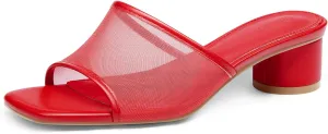 Coutgo Womens Slide Sandals Mesh Chunky Heels Mules Square Open Toe Slip On Summer Dress Shoes