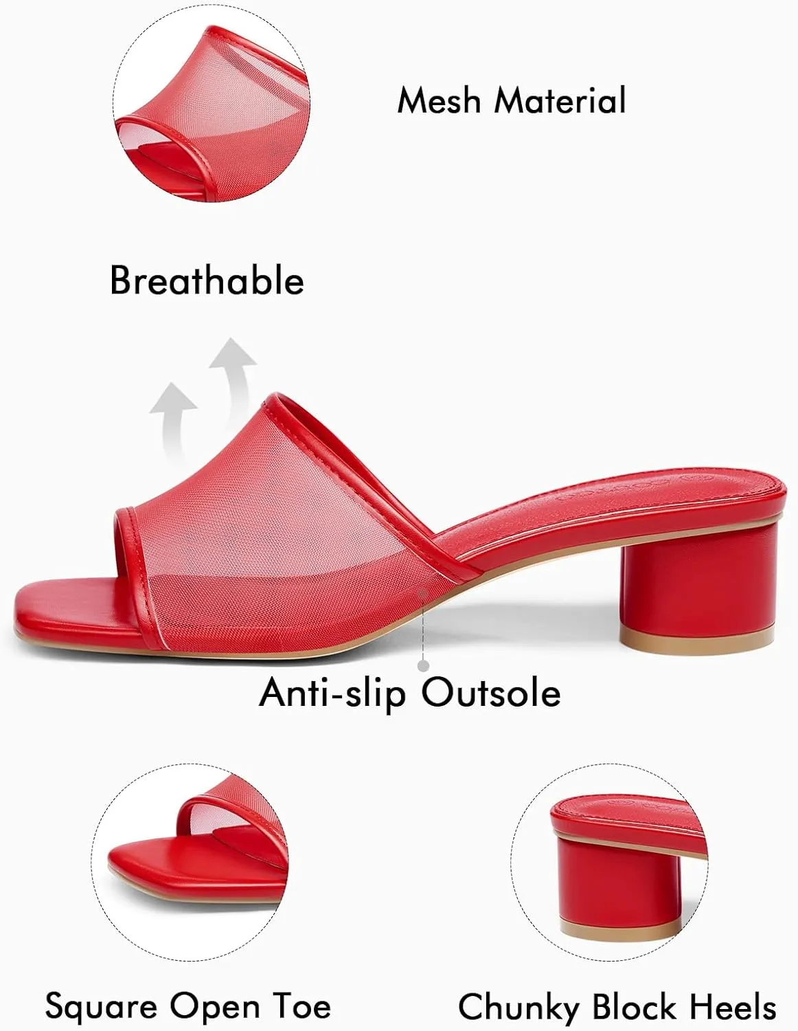 Coutgo Womens Slide Sandals Mesh Chunky Heels Mules Square Open Toe Slip On Summer Dress Shoes