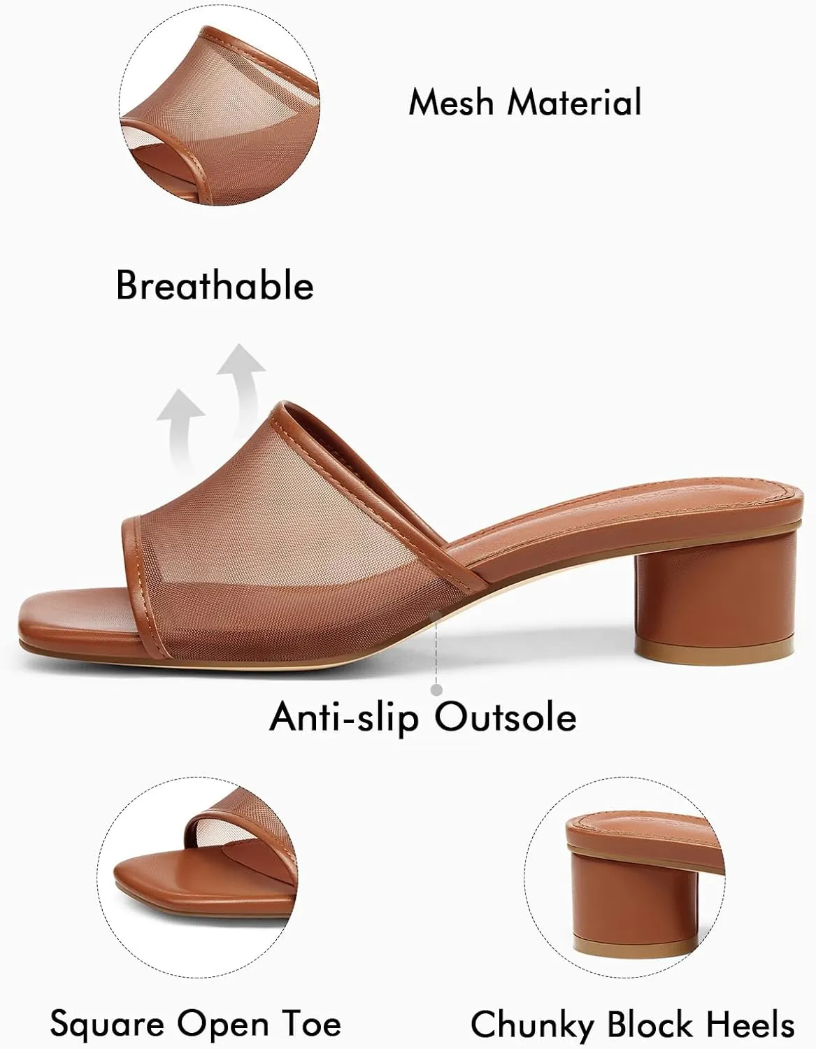 Coutgo Womens Slide Sandals Mesh Chunky Heels Mules Square Open Toe Slip On Summer Dress Shoes