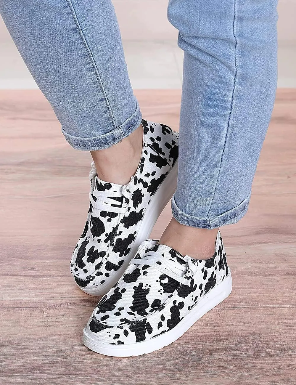 Cow Print Shoes, Lace-up Low Top Canvas Loafers, Causal Travel Walking Flat Round Toe Shoes Women