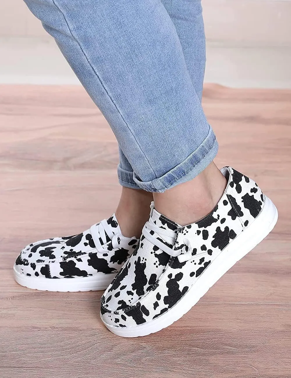 Cow Print Shoes, Lace-up Low Top Canvas Loafers, Causal Travel Walking Flat Round Toe Shoes Women