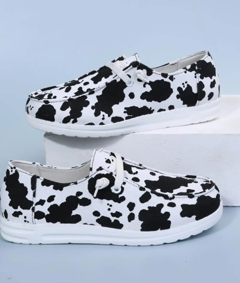 Cow Print Shoes, Lace-up Low Top Canvas Loafers, Causal Travel Walking Flat Round Toe Shoes Women