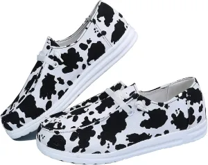 Cow Print Shoes, Lace-up Low Top Canvas Loafers, Causal Travel Walking Flat Round Toe Shoes Women