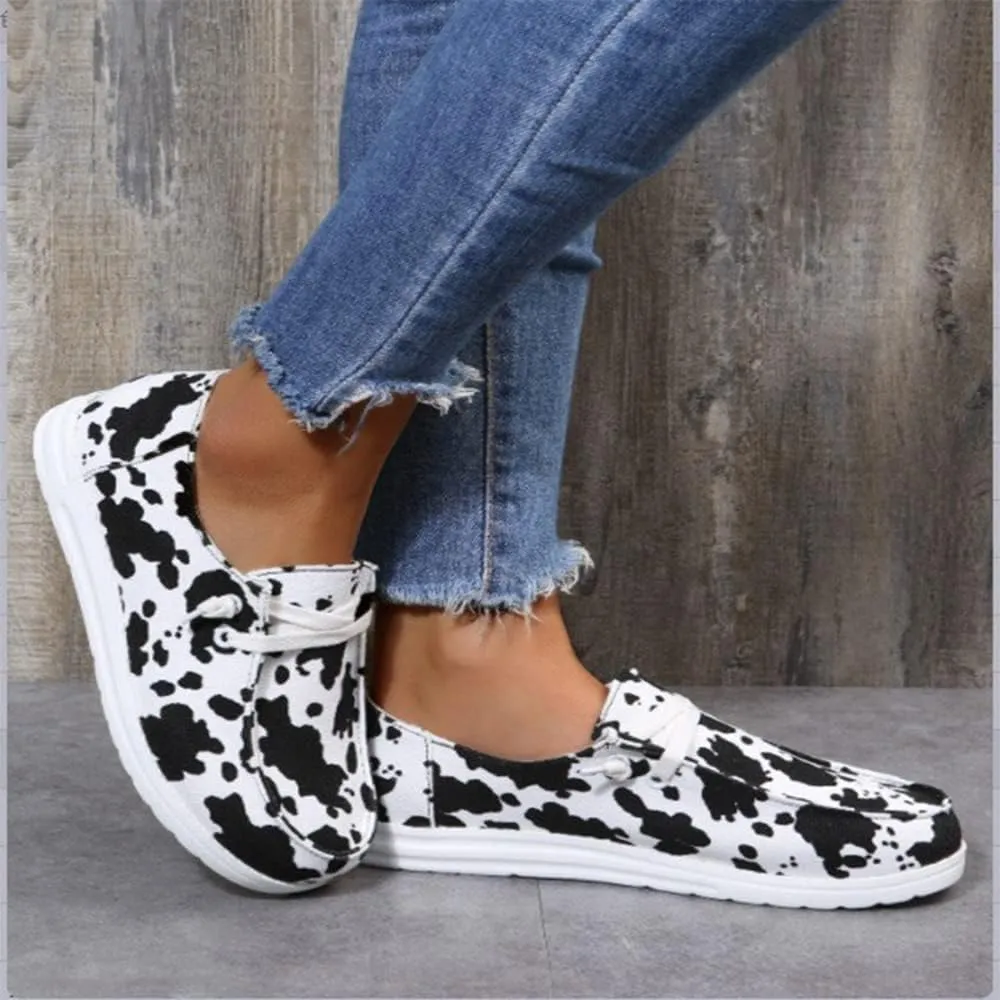 Cow Print Shoes, Lace-up Low Top Canvas Loafers, Causal Travel Walking Flat Round Toe Shoes Women