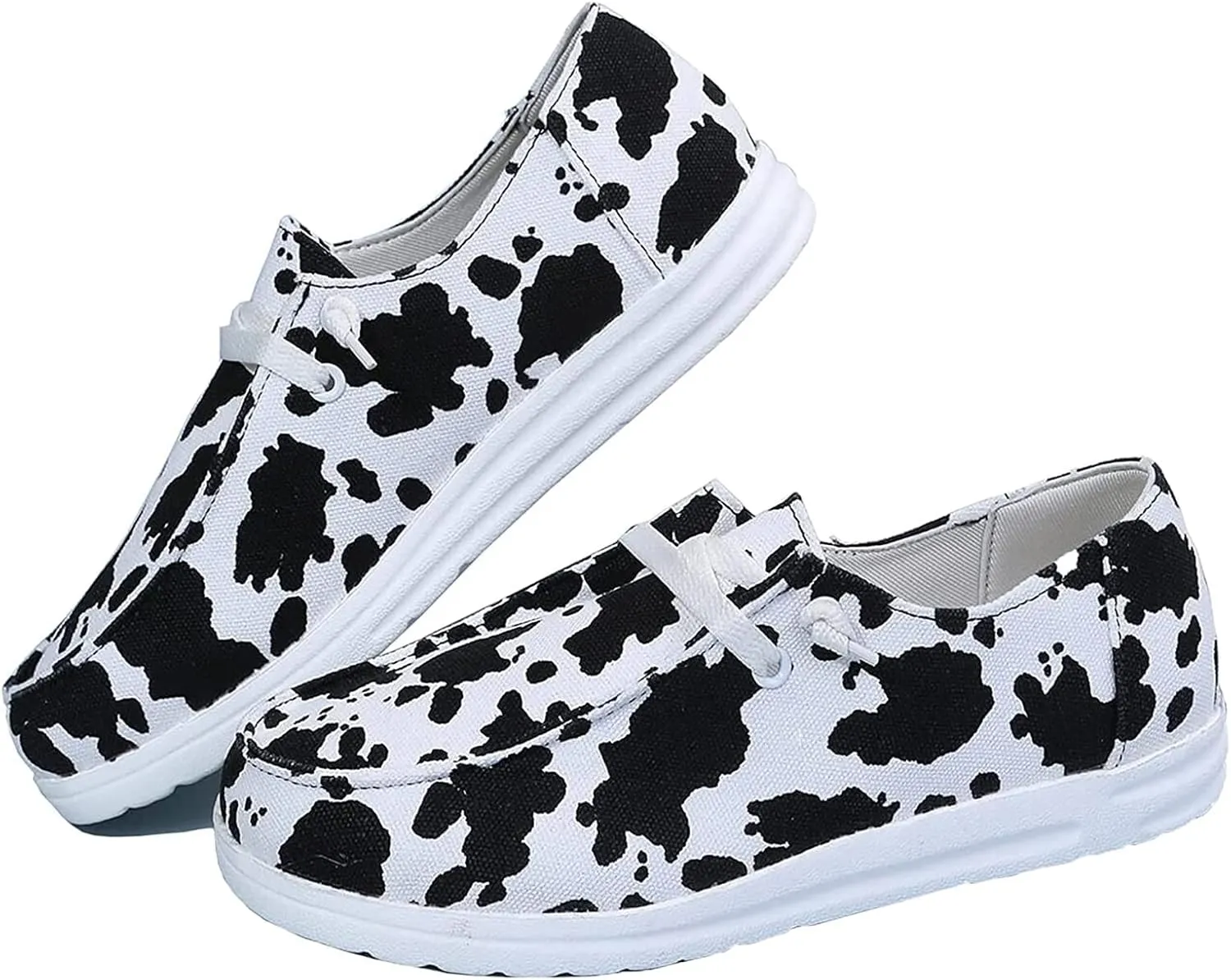 Cow Print Shoes, Lace-up Low Top Canvas Loafers, Causal Travel Walking Flat Round Toe Shoes Women
