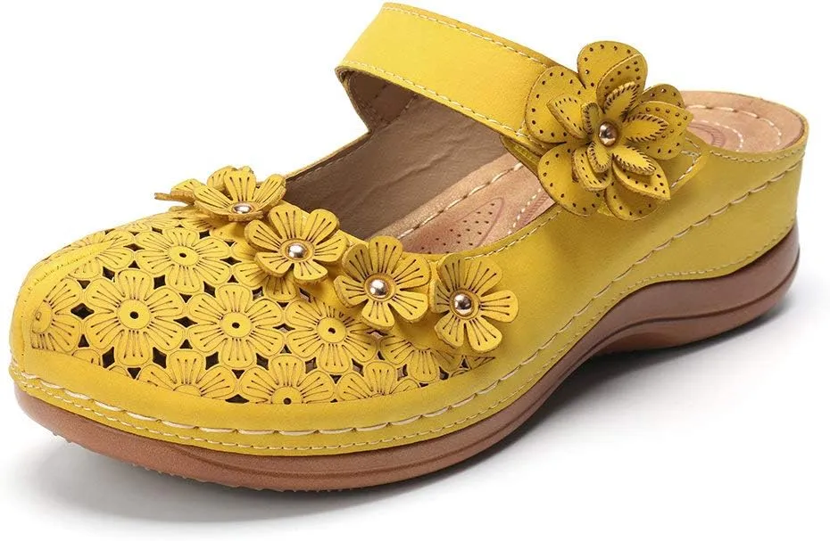 CrazycatZ Womens Summer Slipper PU Leather Comfort Mules Outdoor Beach Shoes Vintage Antil Slip Wedge Flowers Sandals Clogs