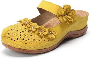 CrazycatZ Womens Summer Slipper PU Leather Comfort Mules Outdoor Beach Shoes Vintage Antil Slip Wedge Flowers Sandals Clogs