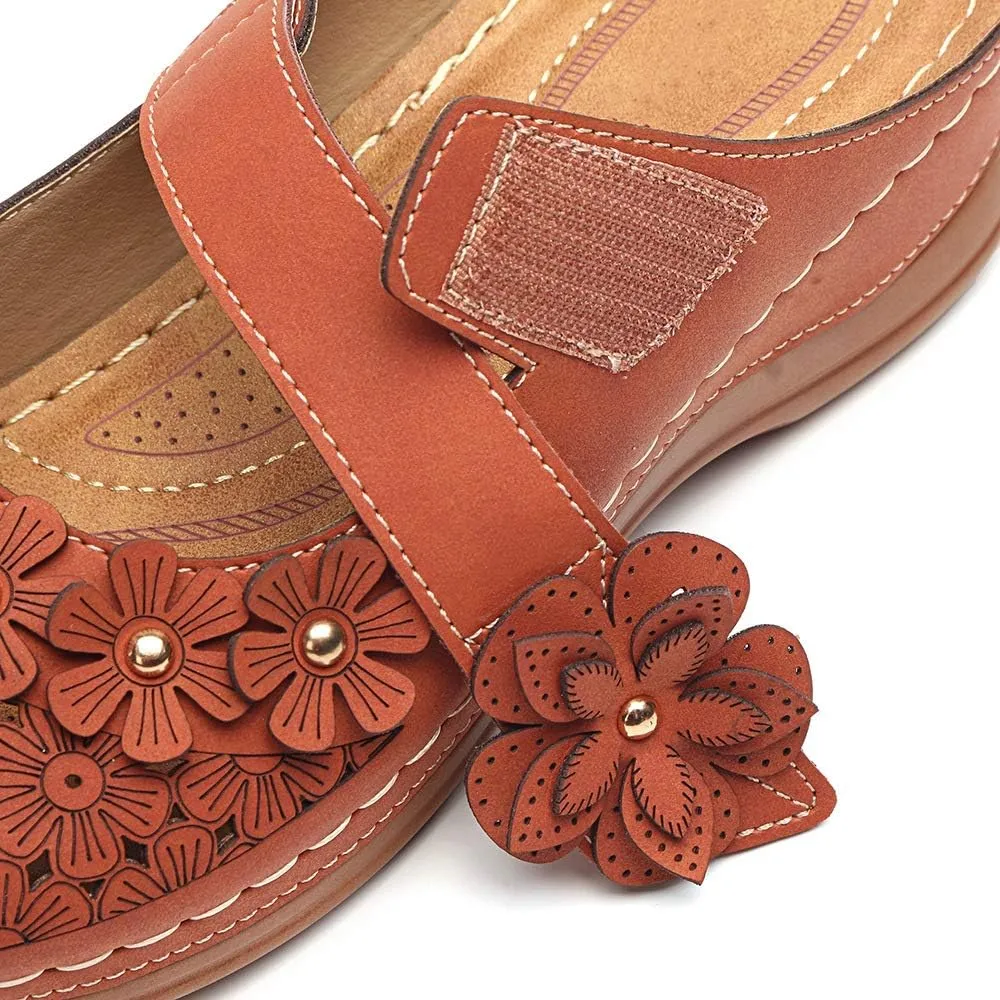 CrazycatZ Womens Summer Slipper PU Leather Comfort Mules Outdoor Beach Shoes Vintage Antil Slip Wedge Flowers Sandals Clogs