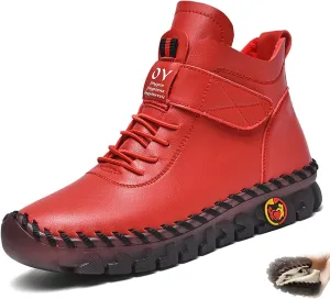 CrazySavage Womens Leather High Top Warm Snow Boots Winter Fur Lined Thickening Thermal Villi Softsole Anti-Slip Ankle Booties Mom Handmade Loafers