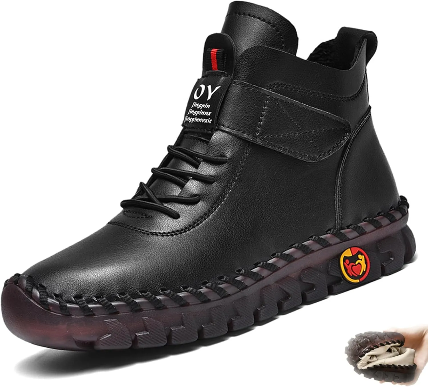 CrazySavage Womens Leather High Top Warm Snow Boots Winter Fur Lined Thickening Thermal Villi Softsole Anti-Slip Ankle Booties Mom Handmade Loafers