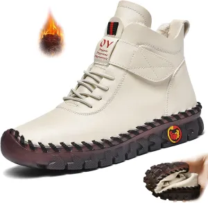 CrazySavage Womens Winter Leather Snow Booties Fur Lined Warm Anti-Slip Ankle Boots Thickening Thermal Villi Adjustable High Top Mom Loafers