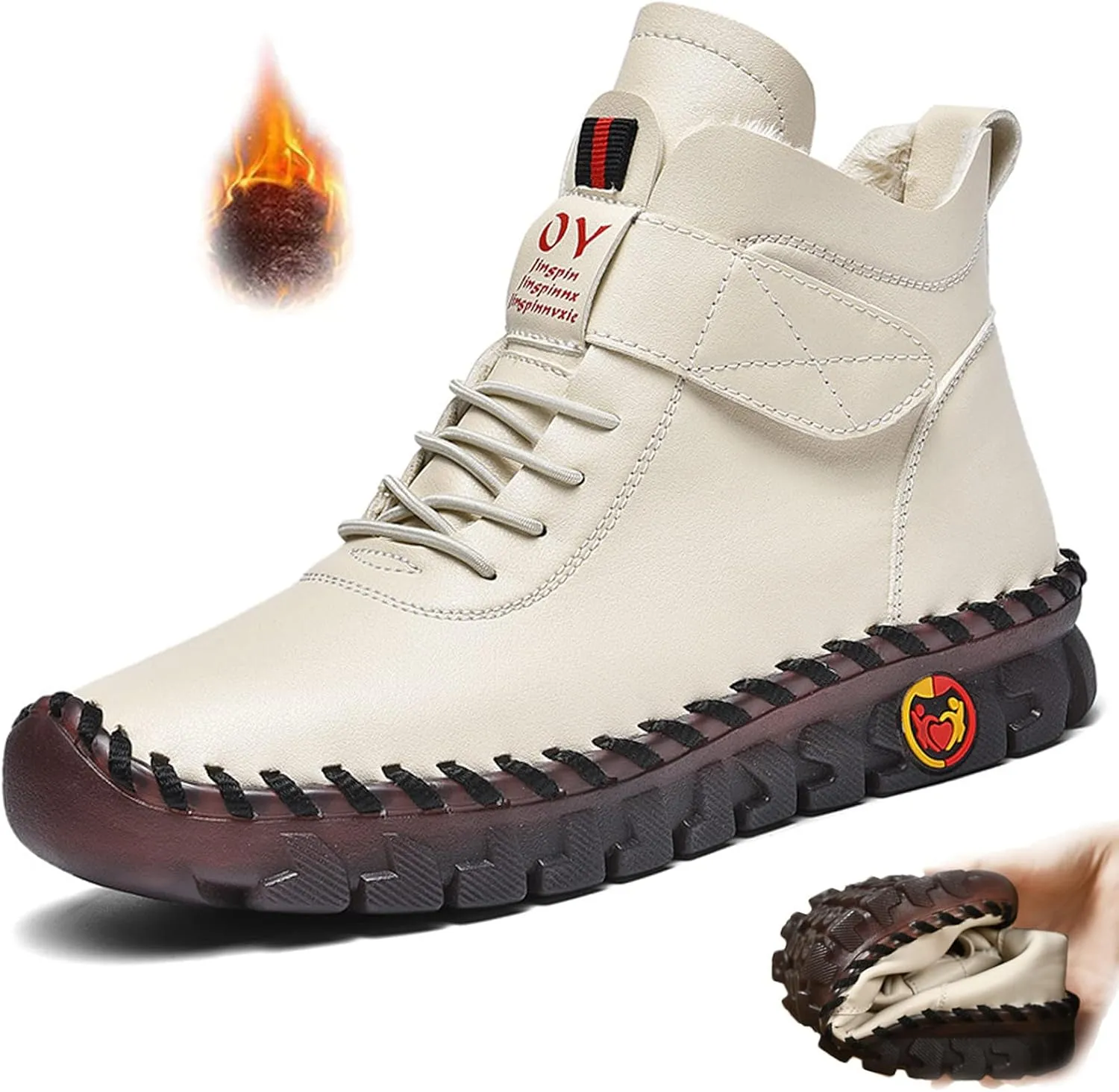 CrazySavage Womens Winter Leather Snow Booties Fur Lined Warm Anti-Slip Ankle Boots Thickening Thermal Villi Adjustable High Top Mom Loafers